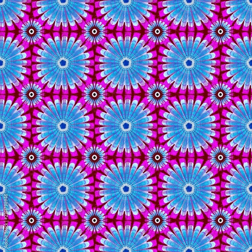 Vibrant seamless mandala pattern featuring cyan floral wheels and magenta geometric motifs.