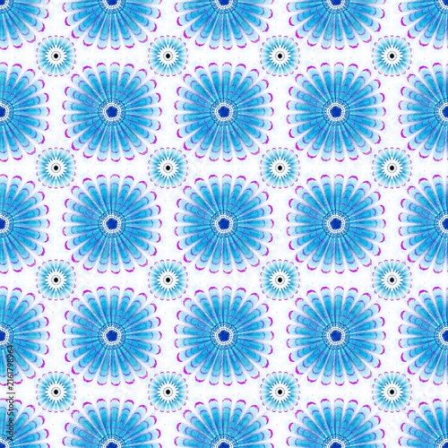 Seamless mandala pattern featuring cyan floral wheels and purple accents on a clean white background.