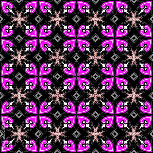 Seamless Batik Pattern with Fuchsia Floral and Maroon Cross Motifs on Dark Background