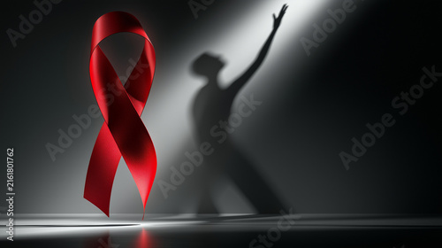 Red ribbon symbolizing HIV/AIDS awareness with human shadow in dramatic lighting