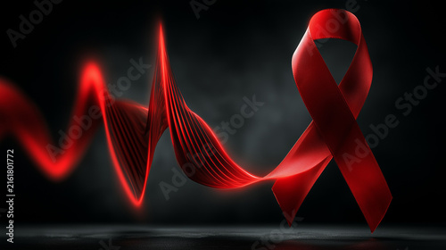 Surreal conceptual image of a red awareness ribbon transformed into a heartbeat waveform. The red ribbon is a symbol of HIV/AIDS 