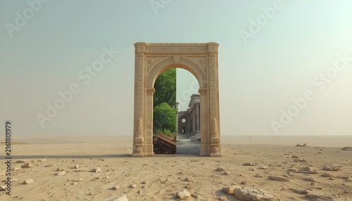 Surreal portal archway in desert landscape showing green forest and ancient ruins inside, conceptual fantasy gateway