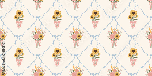 Coquette seamless pattern with hand drawn flowers and bow. Cottagecore coquette trendy print in fall colors. Perfect for textile, wrapping paper, decor, fabric.
