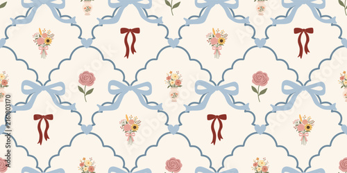 Coquette seamless pattern with hand drawn flowers and bow. Cottagecore coquette trendy print in fall colors. Perfect for textile, wrapping paper, decor, fabric.
