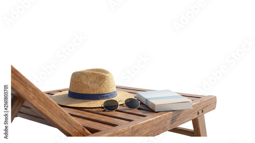 Beach Relaxation An artistic composition of a sunhat sunglasses and a novel lying on a beach chair with the calm ocean stretching out behind space for inspirational png