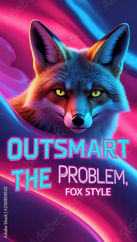 Futuristic Neon Fox Head with Motivational Slogan on Abstract Background.