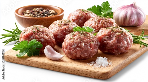 Fresh Raw Meatballs with Herbs and Spices on Wooden Cutting Board