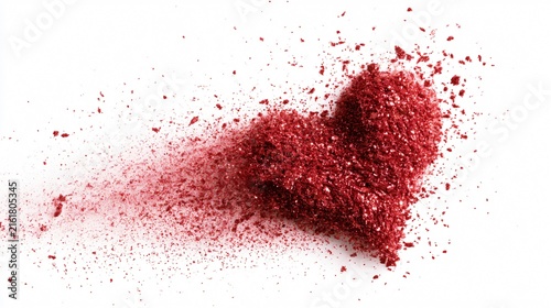 Red Glitter Heart Bursting into Particles on White Background