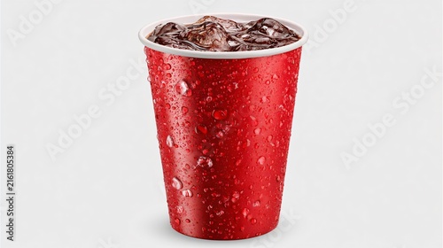 Refreshing Red Paper Cup with Ice Cold Cola on White Background