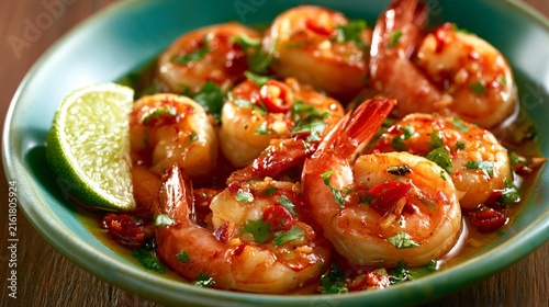 Spicy Garlic Shrimp with Chili and Lime in Bowl Close-Up