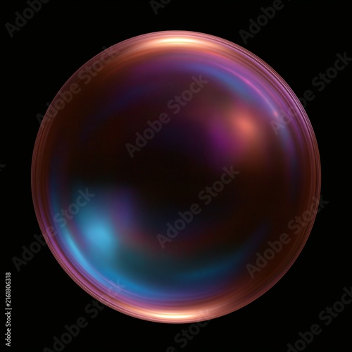 Iridescent soap bubble with colorful reflection on black background. Dark glossy sphere with oil sheen texture