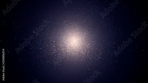 Abstract background of glowing particles and stardust. Bright central light burst in dark blue space. Cosmic galaxy glitter texture. Shimmering Stardust Particle. Cosmic Background Design	
