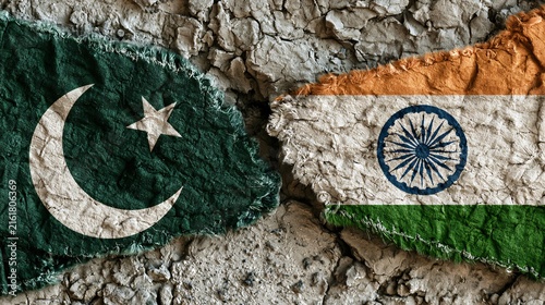 Torn Pakistan and India Flags Facing Each Other on Cracked Textured Surface