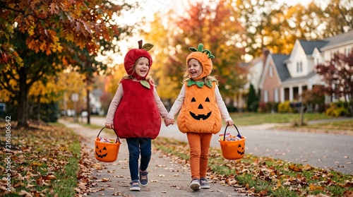 Twin girls in halloween costume out the road
