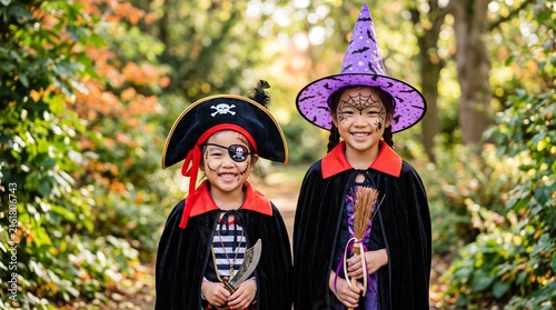 Two asian child girls in halloween costumes and makeup having fun on Halloween celebration