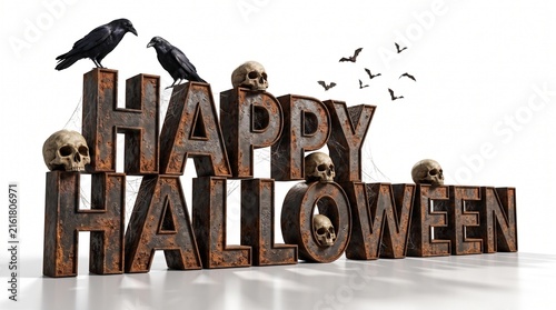 Happy halloween 3d metallic text with skulls, ravens, and cobwebs isolated on white background