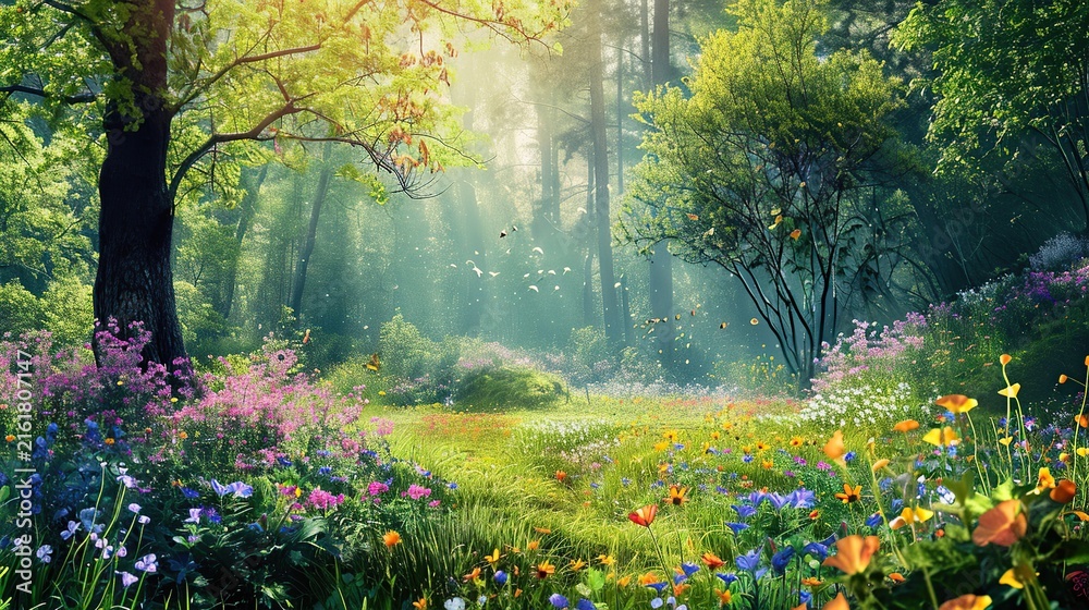 Obraz premium Sunlit forest meadow bursting with wildflowers and tranquil dappled light