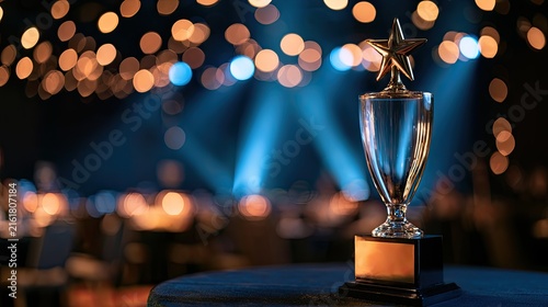 A glass trophy with star adornment stands on a table, set against a bokeh-lit event backdrop