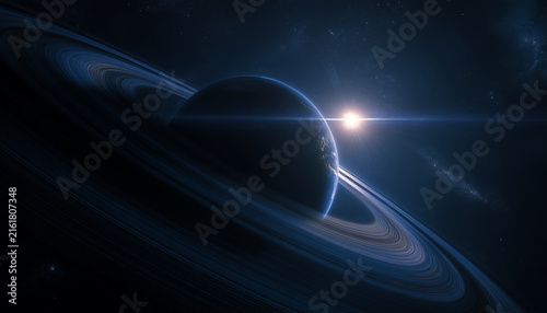 Ringed planet in deep space backlit by bright sun flare. Saturn exoplanet view with massive ring system. Cosmic space background