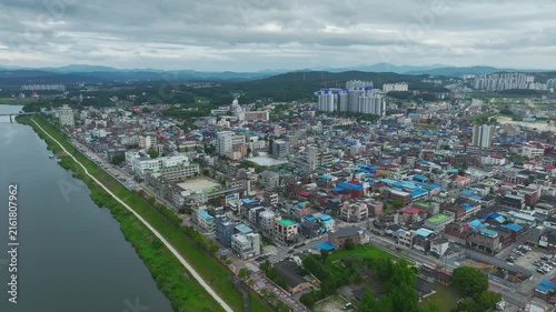 Aerial Drone View of Han River Waterfront and Cityscape in Yeoju, Gyeonggi-do, South Korea