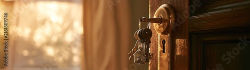 Keys hang in an open doorway with soft light filtering through curtains