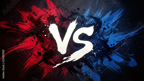 筆致の荒い墨の飛沫が深紅と藍色に分かれて衝突し中央に対戦の文字が重なる