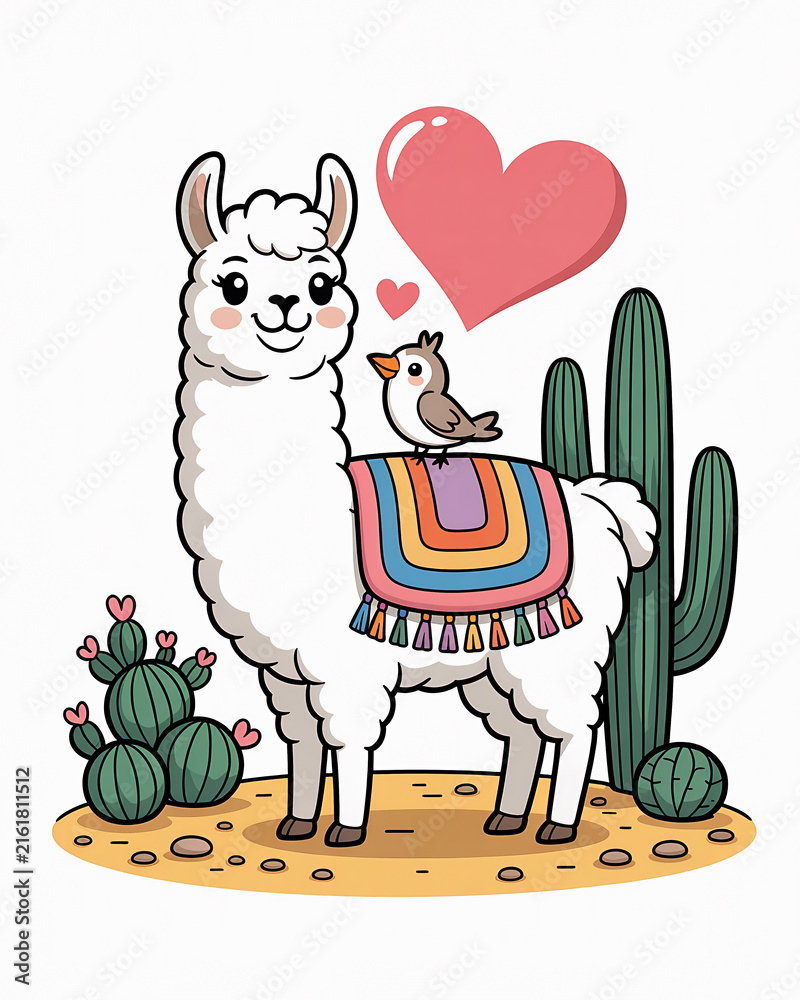 Naklejka premium A white llama stands beside cacti with a bird on its back vector illustration.