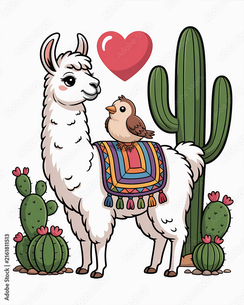 Naklejka premium A white llama stands beside cacti with a bird on its back vector illustration.
