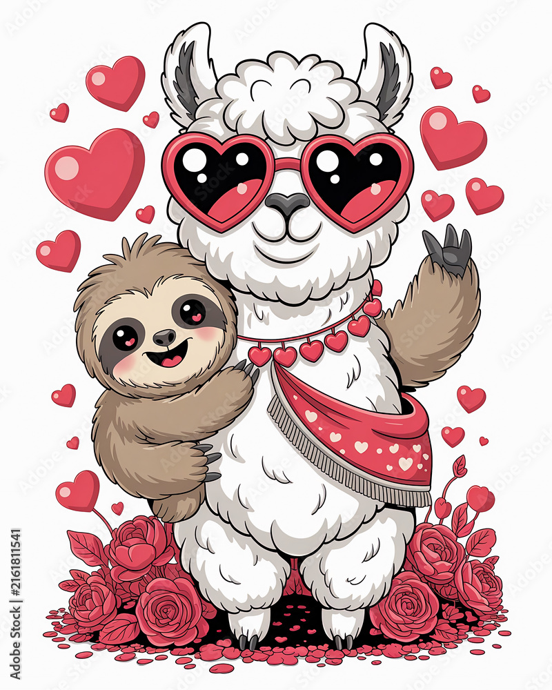 Naklejka premium Llama and sloth embrace amidst red hearts and rose floral arrangement vector illustration.
