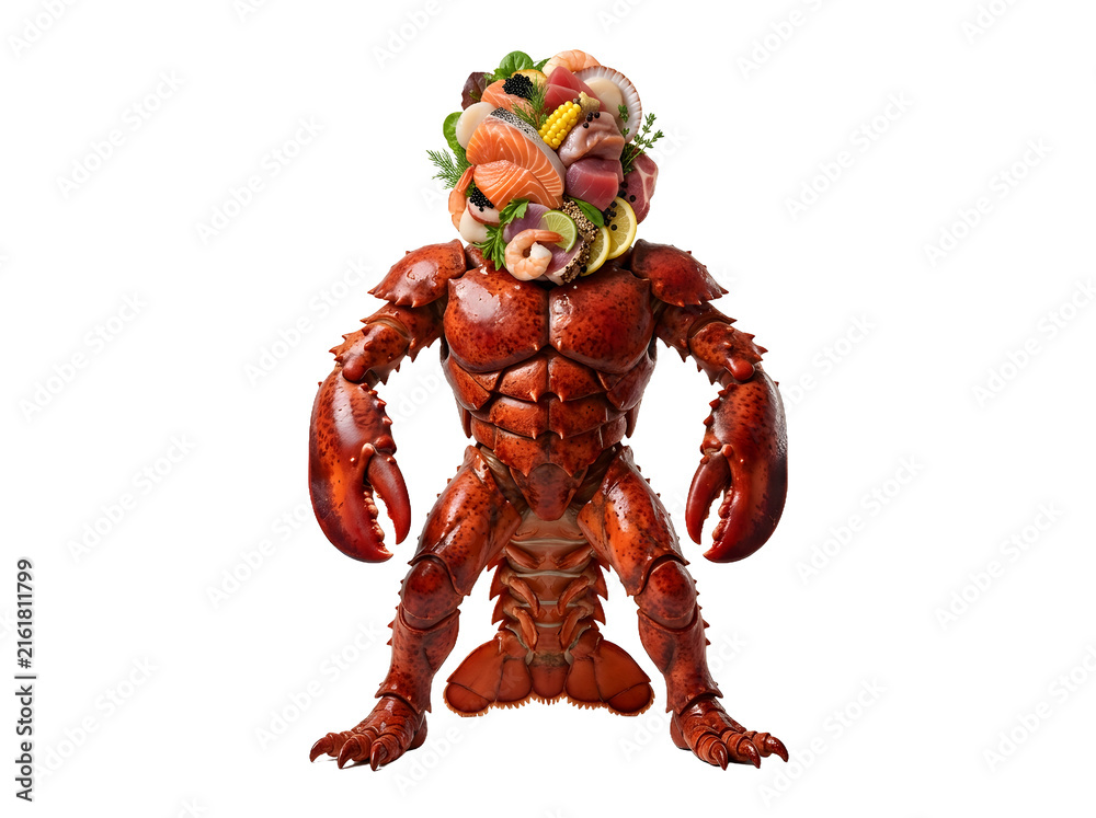 Fototapeta premium Surreal digital art of a lobster humanoid with a sushi head against a black background a creative food concept