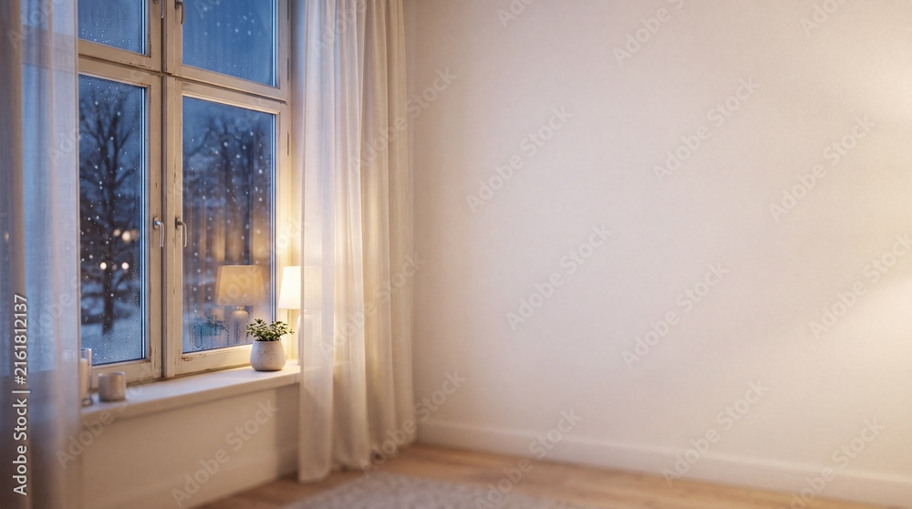 Fototapeta premium Warm Winter Interior With Snowy Window and Large Copy Space