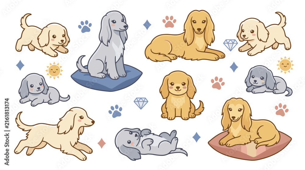 Obraz premium Set of cocker spaniel dog illustrations in flat style, featuring playful puppies, sitting, sleeping, and jumping poses, perfect for pet shop stickers