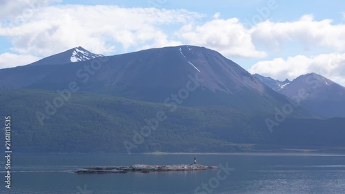 Lighthouse at the End of the World on Remote Island. Les Eclaireurs. In Ushuaia Argentina. Strait of Magellan View Antarctica Cruise Ship. Small Boat.