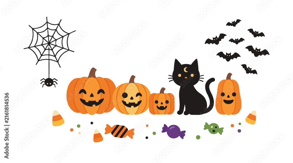 Obraz premium 2d FLAT MINIMALISM Halloween illustration with pumpkins, black cat, spider, bats and candy PNG Isolated on transparent background vector