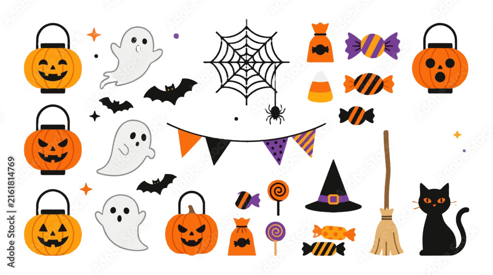 Obraz premium 2d FLAT MINIMALISM Halloween Icons Collection Featuring Pumpkins Ghosts Bats Candy and Witch Hat PNG Isolated on transparent background vector