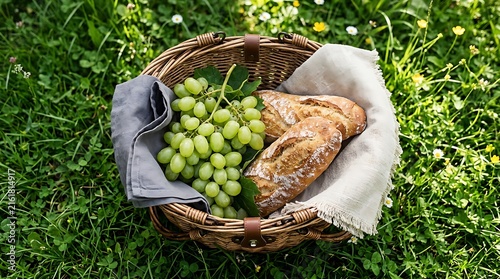 Picnic basket with grapes and bread in the grass