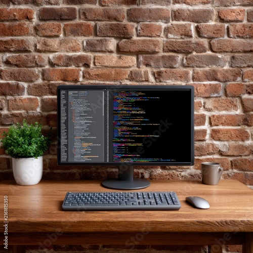 A computer monitor displaying lines of code on a desk with a keyboard, mouse, a houseplant, and a coffee mug in front of a rustic brick wall.