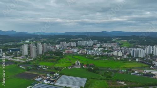 Aerial Drone View of Han River Waterfront and Cityscape in Yeoju, Gyeonggi-do, South Korea