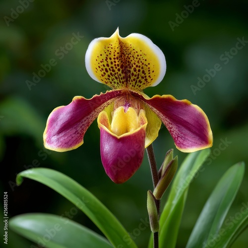 A detailed close-up of a vibrant slipper orchid with yellow and purple petals, featuring a spotted dorsal sepal and a pouch-shaped labellum, set against a soft-focus natural green background.