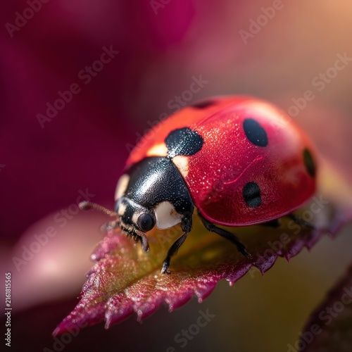 A detailed macro photograph of a red ladybug with black spots resting on a textured, dark pink leaf with a soft, blurred background.