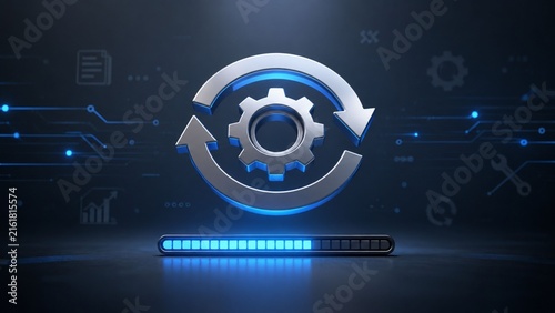 System Software Update Loading Process with Gear Icon and Progress Bar on Blue Futuristic Background