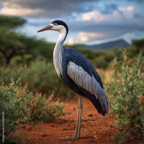 A detailed side profile of a grey and white heron standing on arid, red-brown soil in a dry savanna landscape with shrubs and distant hills under a dramatic cloudy sky.
