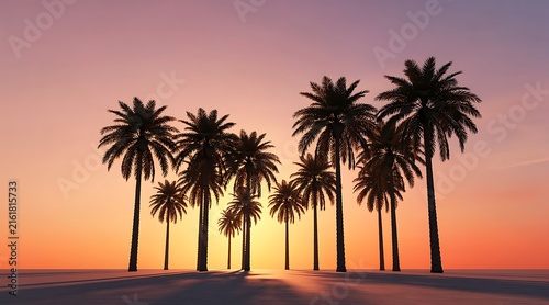 Beautiful silhouette of palm trees against a vibrant sunset sky on a tropical beach at golden hour
