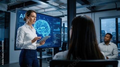 IT specialist using display to show business stakeholders latest AI innovations.
