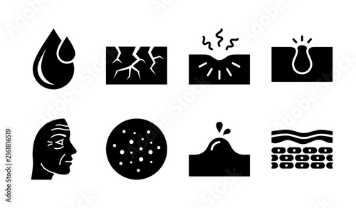 A collection of skin health icons illustrating hydration levels dryness sensitivity and various skin concerns