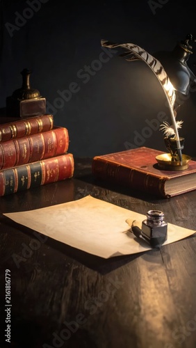 antique desk with stack of old leather bound books and parchment paper illuminated by a vintage lamp, atmospheric writer study