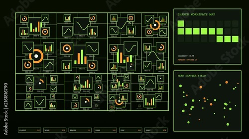 A digital collaboration invite interface displays green glowing line graphs and abstract circle charts moving across dark monitor screens in this modern virtual workstation environment