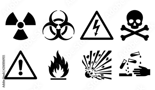 Bild auf Leinwand A compilation of black warning signs depicting a range of hazards and possible d