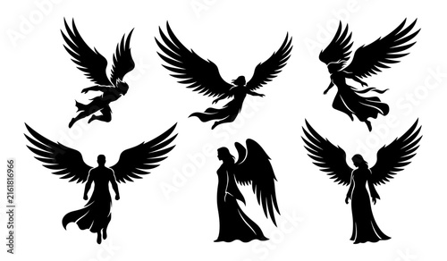 Collection of elegant black silhouette winged figures representing angels in various poses and styles