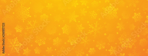 Vibrant orange and yellow festive Christmas background with subtle golden snowflake illustrations creating a warm holiday atmosphere.